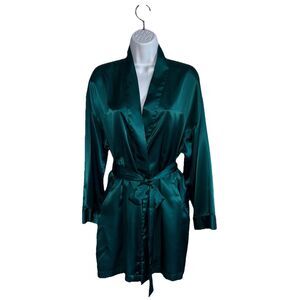 Victoria’s Secret Vtg Y2K Dark Green Satin Short Robe Kimono Pocket O/S 42" Bust